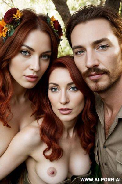 2 men and 1 woman fuck, perverse, beautiful, fucking, extremely hairy pussy, flower head wreath, group orgy, fucking, big nose, seductive, sexy pose, t-shirt, kissing, fucking, threesome, orgy, - ai-porn.ai on pornintellect.com