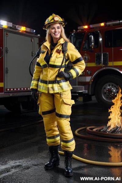 Hot ultra realistic very beautiful firefighter with hourglass figure, yellow firefighter helmet, (yellow fire jacket undressed), camouflage bikini, camouflage micro thong, yellow stockings, massive round gigantic boobs, frontal view. - ai-porn.ai on pornintellect.com