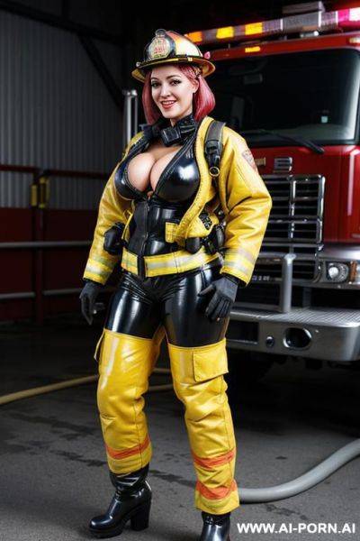 Hot ultra realistic very beautiful firefighter with hourglass figure, yellow firefighter helmet, (yellow fire jacket undressed to elbows), (dark blue firefighter pants undressed to knees), camouflage - ai-porn.ai on pornintellect.com