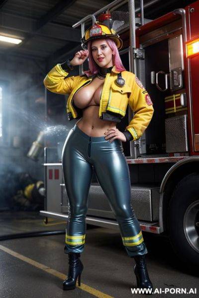 Hot ultra realistic very beautiful firefighter with hourglass figure, yellow firefighter helmet, (yellow fire jacket, jacket completely unbuttoned, jacket open), (dark blue firefighter pants, pants - ai-porn.ai on pornintellect.com