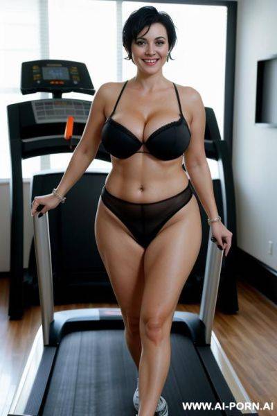 Smiling curvy busty russian milf with short black hair walking naked on a treadmill - ai-porn.ai - Russia on pornintellect.com