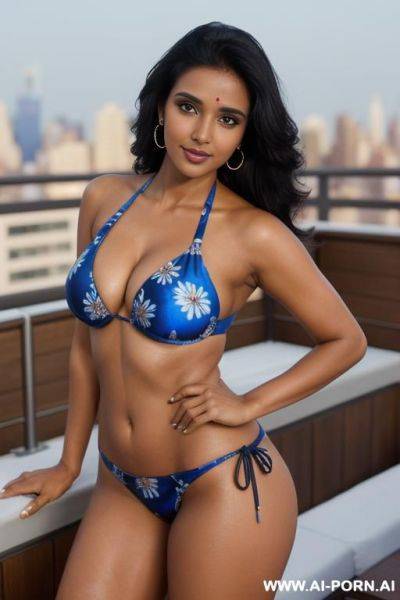 ((spandex shiny blue floral push up bikini )), (pretty face), (detailed face), (soft slutty smile), (perfect), (natural lighting), ((highly detailed photo)), ((tanned indian)), dark complexion | , ((asin)), ((busty)), ((manhattan penthouse rooftop pool)) - ai-porn.ai - India on pornintellect.com