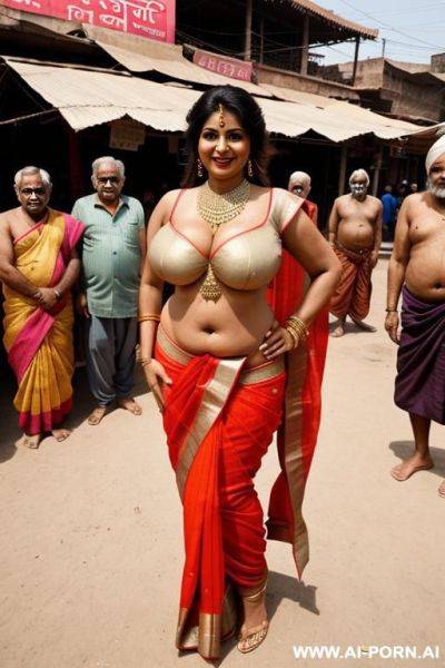 Smiling curvy milf wearing indian sari standing in indian market surrounded by three old indian men - ai-porn.ai - India on pornintellect.com