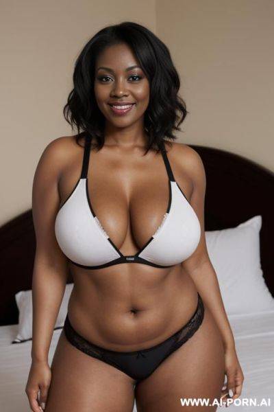 Curvy black aged mom with a seductive smile. she has thick thighs. she has massive saggy natural tits. she is standing up. she is wearing tight short shorts and an undersized tank top. - ai-porn.ai on pornintellect.com