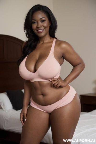 Curvy black aged mom with a seductive smile. she has thick thighs. she has massive saggy natural tits. she is standing up. she is wearing pink tight short shorts and an undersized pink tank top. looking over her shoulder pose - ai-porn.ai on pornintellect.com
