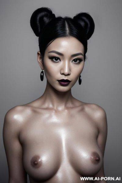 Full body view, supermodel, bun hairstyle, long eyelashes, black eyeliner, mascara, dark eyeshw, glossy black lipstick, sexy lips, sexy facial expression, earrings, naked, black nails, straight to the - ai-porn.ai on pornintellect.com