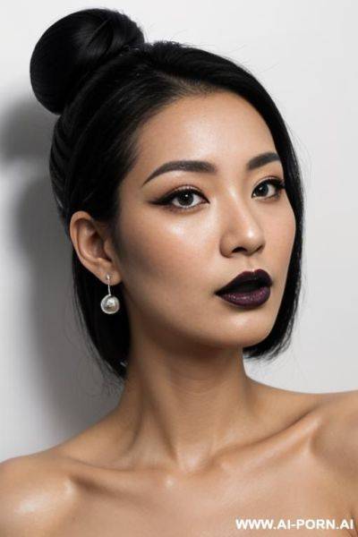 Full body, supermodel, bun hairstyle, long eyelashes, black eyeliner, mascara, dark eyeshw, glossy black lipstick, sexy lips, sexy facial expression, earrings, naked, black nails, straight to the - ai-porn.ai on pornintellect.com