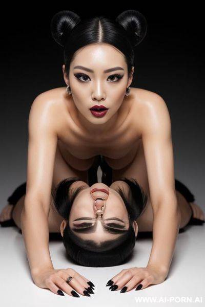 Supermodel, bun hairstyle, long eyelashes, black eyeliner, mascara, dark eyeshw, glossy black lipstick, sexy lips, sexy facial expression, earrings, naked, black nails, gy style sex, straight to the - ai-porn.ai on pornintellect.com