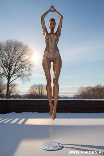 Totally naked high-jumping female highlights pure naked female nudity, ultrarealistic oiled naked sexy nude body in motion, shiny naked pussy, very oversized saggy massive boobs heavy-mature long nude - ai-porn.ai on pornintellect.com