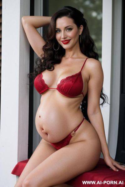 Milf, 35 years old, full build, swollen nipples, plump lips, bright red lipstick, veryblack hair, (long, gathered in a high ponytail), perfect anatomy, smiling, short burdy nightgown, on the porch of the house, full-length water - ai-porn.ai on pornintellect.com