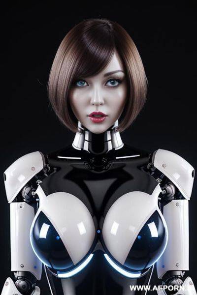 (realistic very detailed robot doll total meccanical artificial robot body woman) with long black hair and black-white glossy rubber latex glass transparent colored skin threads, glowing blue robotic - ai-porn.ai on pornintellect.com