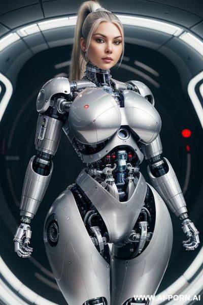 (((realistic look, super realistic))) ((spaceship)) ((front view)) (((beautiful cyborg woman))) (((sexy cyborg woman))) ((blonde)) ((long ponytail hairstyle)) (((perfectly beautiful face, sexy plump lips))) - ai-porn.ai on pornintellect.com