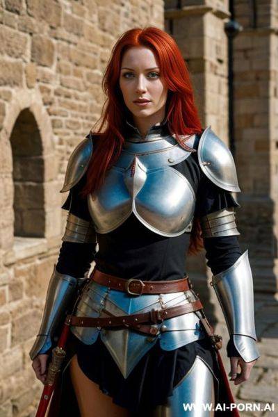 Female knight, tanned skin, red hair, sword belt, medieval background - ai-porn.ai on pornintellect.com