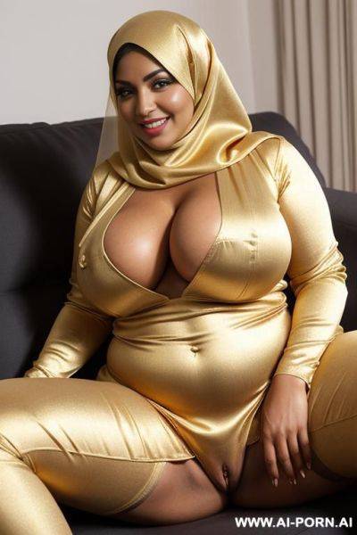 Busty milf, tight golden satin burka, nikab, leg spreading, lusty smile, see through burka, in couch, huge ass, chubby woman, one tits out - ai-porn.ai on pornintellect.com