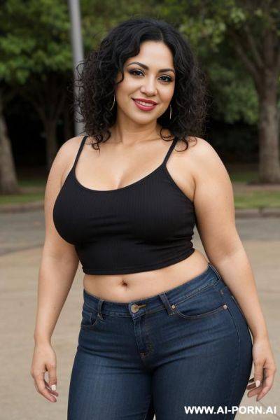 Latina woman posing for picture. middle age body. chubby body. short hair. wet curly hair. wet hair. curly hair. wet curls. black hair. chola. chola make up. chicana makeup. smile showing - ai-porn.ai on pornintellect.com