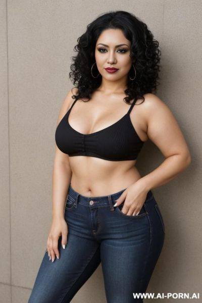 Latina woman posing for picture. below average body. chubby body. short hair. wet curly hair. wet hair. curly hair. wet curls. black hair. chola. chola make up. chicana makeup. suspicious smile. - ai-porn.ai on pornintellect.com