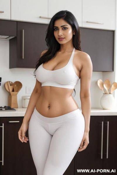 A beautiful indian housewife with white skin tone and hourglass figure, she is standing topless in kitchen but wear a white tight leggings - ai-porn.ai - India on pornintellect.com
