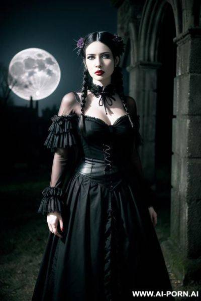, with a complexion and long, dark braids. expression is typically stoic, with a hint of disdain. slender. wears a black dress with a white collar, tie, dark skirt eyes are dark. stands in - ai-porn.ai on pornintellect.com