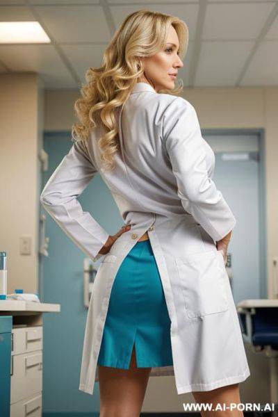 (blonde) (wavy hair) (doctor) (lab coat) (hospital) (bending down) - ai-porn.ai on pornintellect.com