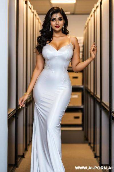 Wide shoulders, gorgeous woman, narrow waist, in office storeroom, full length nighty - ai-porn.ai on pornintellect.com