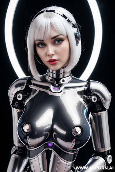 (realistic very detailed robot doll total meccanical artificial robot body woman) with long black hair and black-white glossy rubber latex glass transparent colored skin threads, glowing blue robotic - ai-porn.ai on pornintellect.com