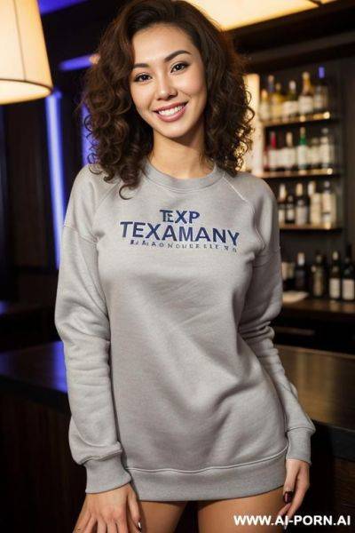 Sweatshirt , kitchen , bar, lean, (photorealistic) (tanned brunette texan nerd), (asian), (ultra detailed photo), (hyper realistic photo), busty - ai-porn.ai on pornintellect.com