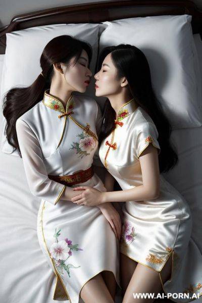 Masterpiece, fine details, breathtaking artwork, painterly art style, high quality, k, very detailed, high resolution, exquisite composition and lighting, white skin, (((chinese mother wear china dress)))), 2 women waer kissing on bed - ai-porn.ai - China on pornintellect.com