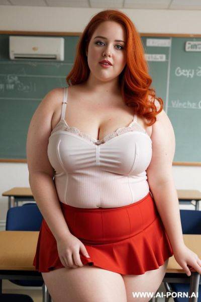((close up half body photo shot)), about at classroom, redhead ((obese)) chubby fat bbw curvy teacher, wearing a sexy and hot micro red ruffle skirt and elegant top, teaching to the classroom. - ai-porn.ai on pornintellect.com