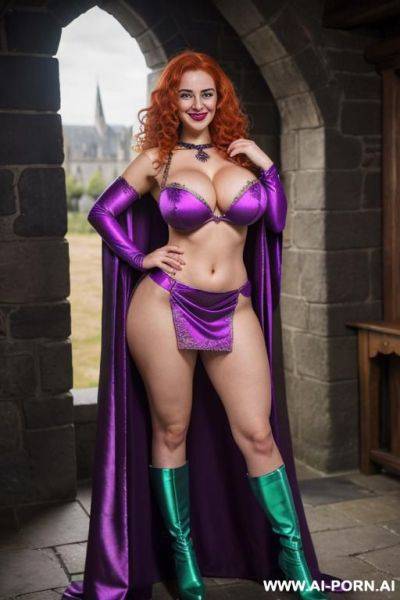 Glamorous classy bimbo fit babe, pallid white pink skin, ((gigantic massive heavy perky boobs)), green high slit skirt, blue blouse deep v-neck, purple ornate cape, shiny glossy skin, ((full body shot)) - ai-porn.ai on pornintellect.com