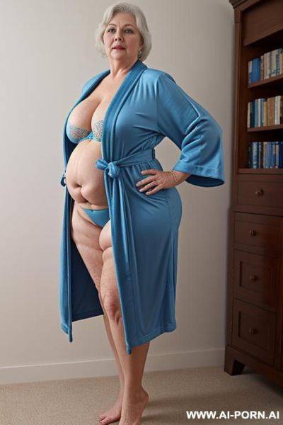 Very wide hips pear shaped very busty fat cellulite legs old woman in short blue robe - ai-porn.ai on pornintellect.com