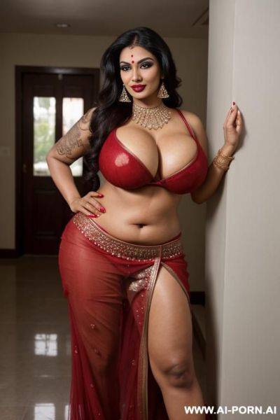 (suburban dirty mom), indian gilf, trans super model, bold makeup, red glossy lipstick, full body shot, cuckold party, big saggy tits, lusty face, not naked, seducing cock, detailed, hd, hdr, k, photorealistic, - ai-porn.ai - India on pornintellect.com