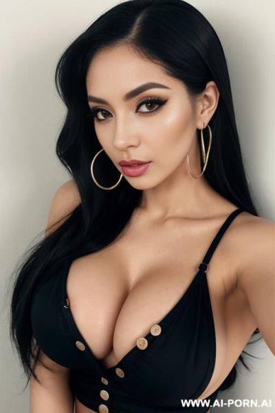 Naked, kawaii, extremely pretty, makeup, long eyelashes, full lips, button nose, flowing hair, hoop earrings, big round boobs, tight waist, stare - ai-porn.ai on pornintellect.com