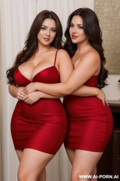 Two busty brunettes in short red dresses, curvy, long hair, hugging - ai-porn.ai on pornintellect.com