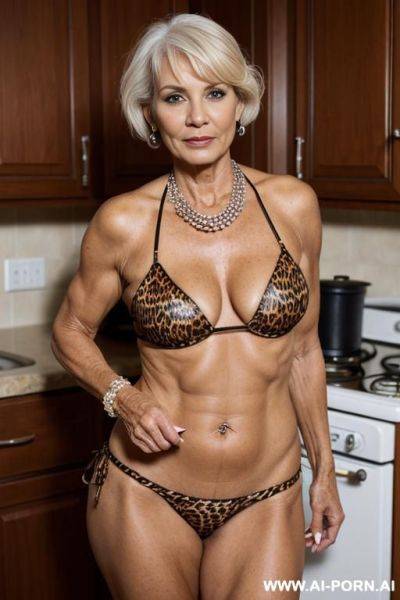 Matured old milf, wrinkles, wrinkled skin, aging marks, extremely tanned skin, animal print hooker bikini, necklace, elries, perfect eyes, waist shot, kitchen - ai-porn.ai on pornintellect.com