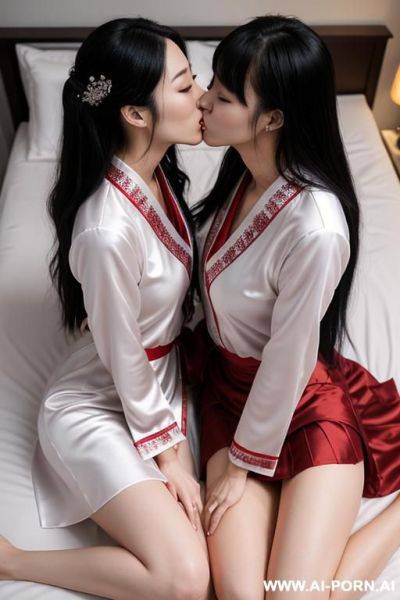 Women, hugging and kissing, 2 korean idol wear wedding dress and kissing on bed, bride, 2 womans are pressing each other and kissing on the bed , lay on bed, kissing while lay on bed, - ai-porn.ai - North Korea - China on pornintellect.com