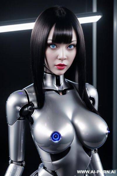 (realistic very detailed robot doll total meccanical artificial robot body woman) with long black hair and black-white glossy rubber latex glass transparent colored skin threads, glowing blue robotic - ai-porn.ai on pornintellect.com