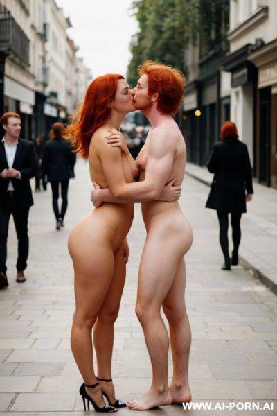 Full naked, no tattoo, standing, in street with a friend, skin, ginger hair, kissing, people watching - ai-porn.ai on pornintellect.com