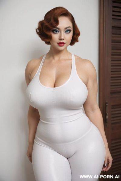 Big tits, chubby, tanktop, leggins, (((muscles))), (((pallid white skin))), (((large eyes))), eye contact, - ai-porn.ai on pornintellect.com