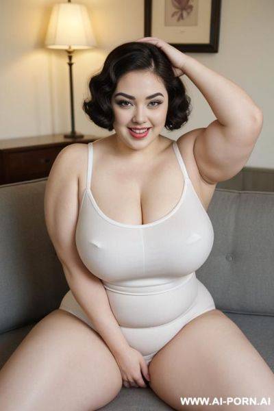 Big tits, chubby, tanktop, slip, (((muscles))), (((pallid white skin))), ((large eyes)), eye contact, (makeup:0.1), ((narrow hips)), thick arms, ((laying down)), couch, open legs - ai-porn.ai on pornintellect.com
