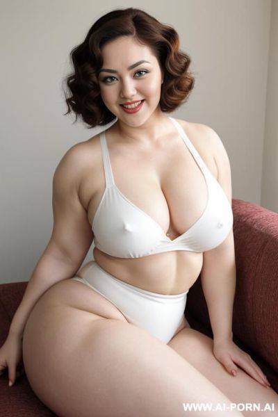 Big tits, chubby, tanktop, slip, (((muscles))), (((pallid white skin))), ((large eyes)), eye contact, (makeup:0.1), ((narrow hips)), thick arms, ((laying down)), couch, cleavage - ai-porn.ai on pornintellect.com