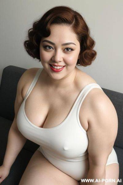 Big tits, chubby, tanktop, slip, (((muscles))), (((pallid white skin))), ((large eyes)), eye contact, (makeup:0.1), ((narrow hips)), thick arms, laying down, couch, - ai-porn.ai on pornintellect.com