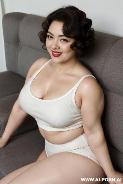 Big tits, chubby, tanktop, slip, (((muscles))), (((pallid white skin))), ((large eyes)), eye contact, (makeup:0.1), ((narrow hips)), thick arms, ((laying down)), couch, - ai-porn.ai on pornintellect.com