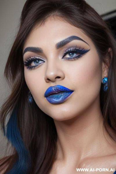(((very beautiful face, big round lips, blue lip gloss, blue lipstick, big brown eyes, eyeliner, long fluffy eyelashes))) - ai-porn.ai on pornintellect.com