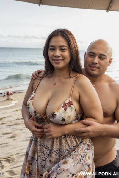 ((flower sundress)), (((cleavage))), ((thick)), beach festival, summer party, ((double chin)). a fat thick shorty filipina milf is hugging with a couple tall handsome fit american men. she is holding - ai-porn.ai - Usa on pornintellect.com