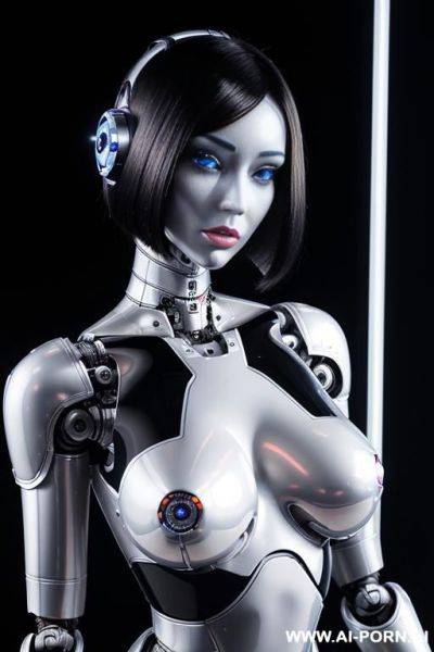 (realistic very detailed robot doll total meccanical artificial robot body woman) with long black hair and black-white glossy rubber latex glass transparent colored skin threads, glowing blue robotic - ai-porn.ai on pornintellect.com