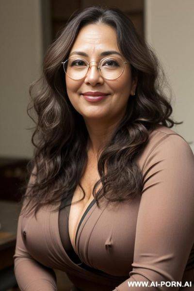 (chilean milf) (round face) (chubby cheeks) (wavy hair) (metal glasses) - ai-porn.ai - Chile on pornintellect.com