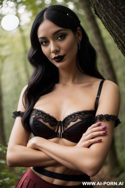 Sexy witch wit long sexy legs standing by a fire, full body - ai-porn.ai on pornintellect.com