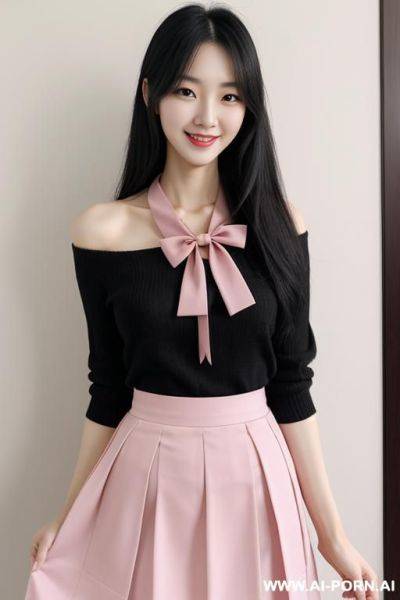 Realistic, korean, tall, slender, smiling, beautiful, bows, ribbon, pink, skirt, casual, black hair, long hair - ai-porn.ai - North Korea on pornintellect.com