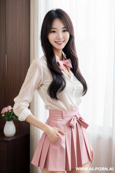 Realistic, korean, tall, slender, smiling, beautiful, bows, ribbon, pink, skirt, casual, black hair, long hair, healthy, tan skin, pretty - ai-porn.ai - North Korea on pornintellect.com