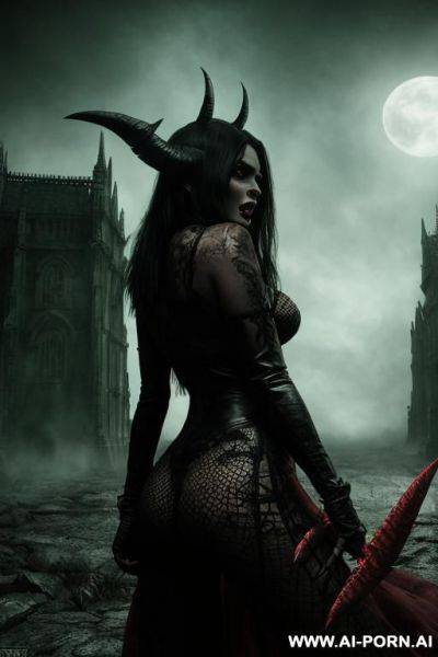 Demon woman, full body picture, long sharp demon tooths in mouth, landscape, fantasy, horror, film, cinematic, realistic, movie, sharp picture, high quality, - ai-porn.ai on pornintellect.com